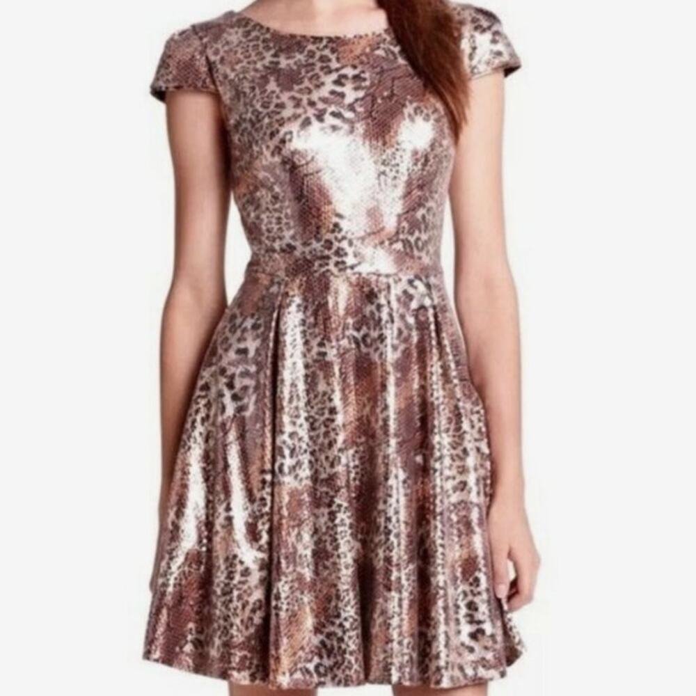 Metallic Leopard Fit-and-Flare Dress in Rose Gold